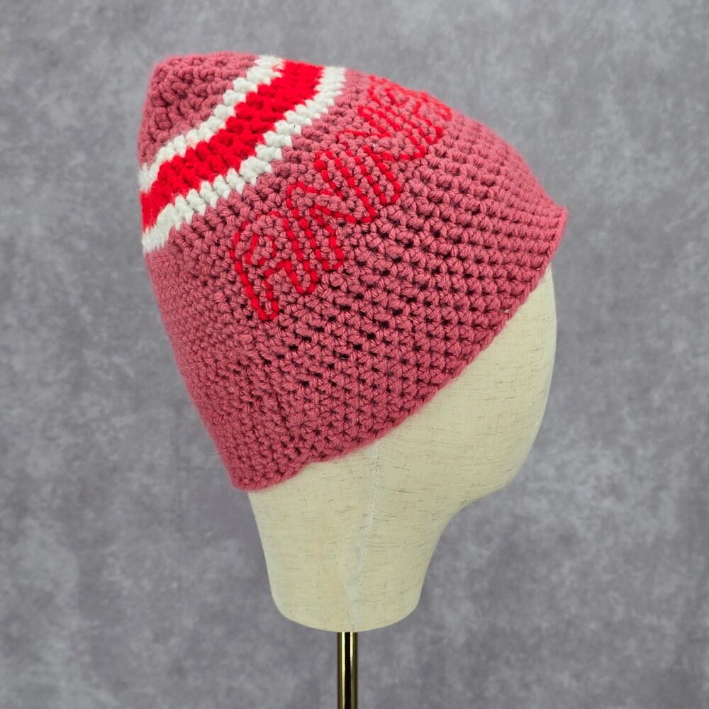 Pink Red Annabelle Crochet‎ Knit Bucket Cap Hat Fun VTG Y2K Funky Beanie